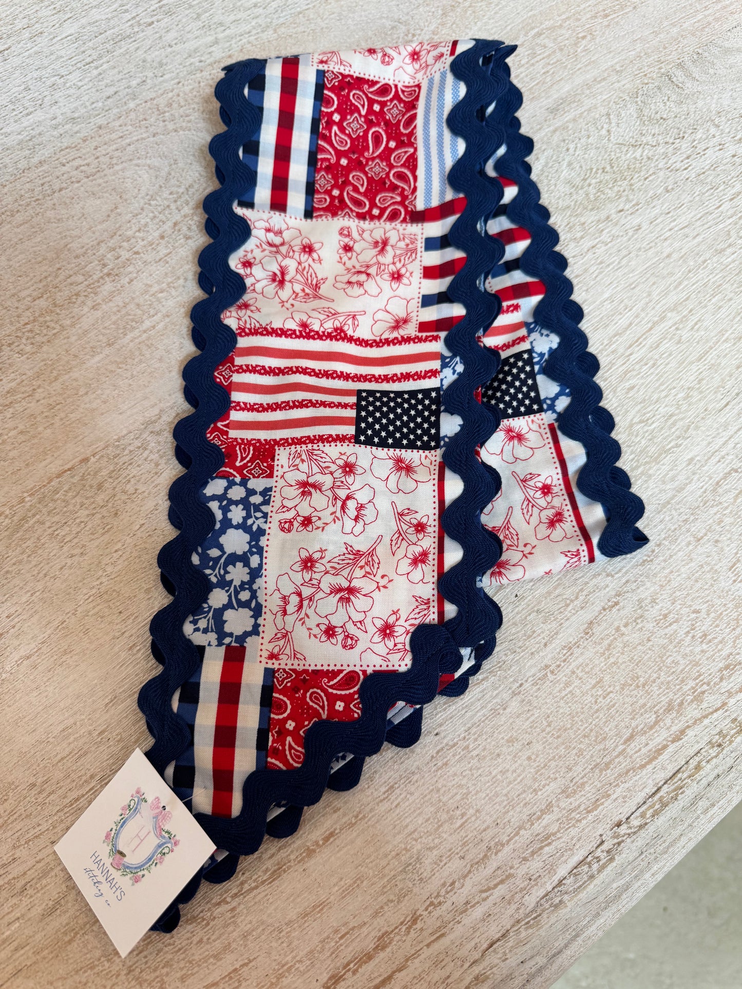 Patchwork Sash with Navy Ricrac Trim